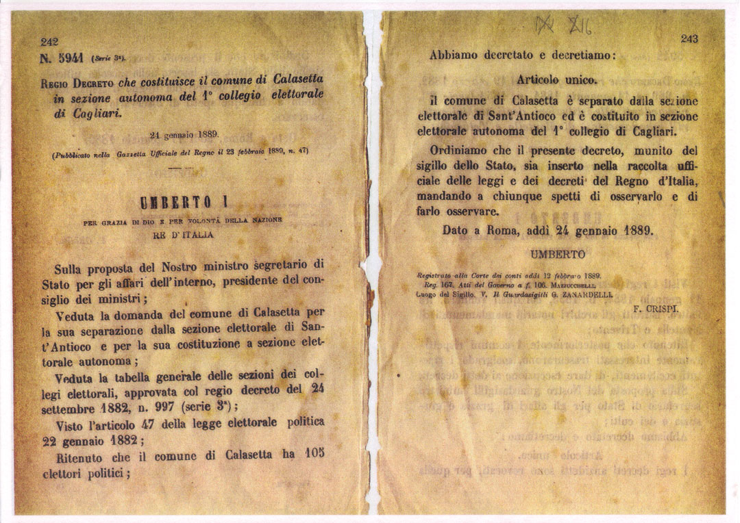 Regio decreto Calasetta sezione autonoma collegio elettorale 1889