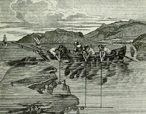 Ràixe - Antica stampa che raffigura pescatori di corallo